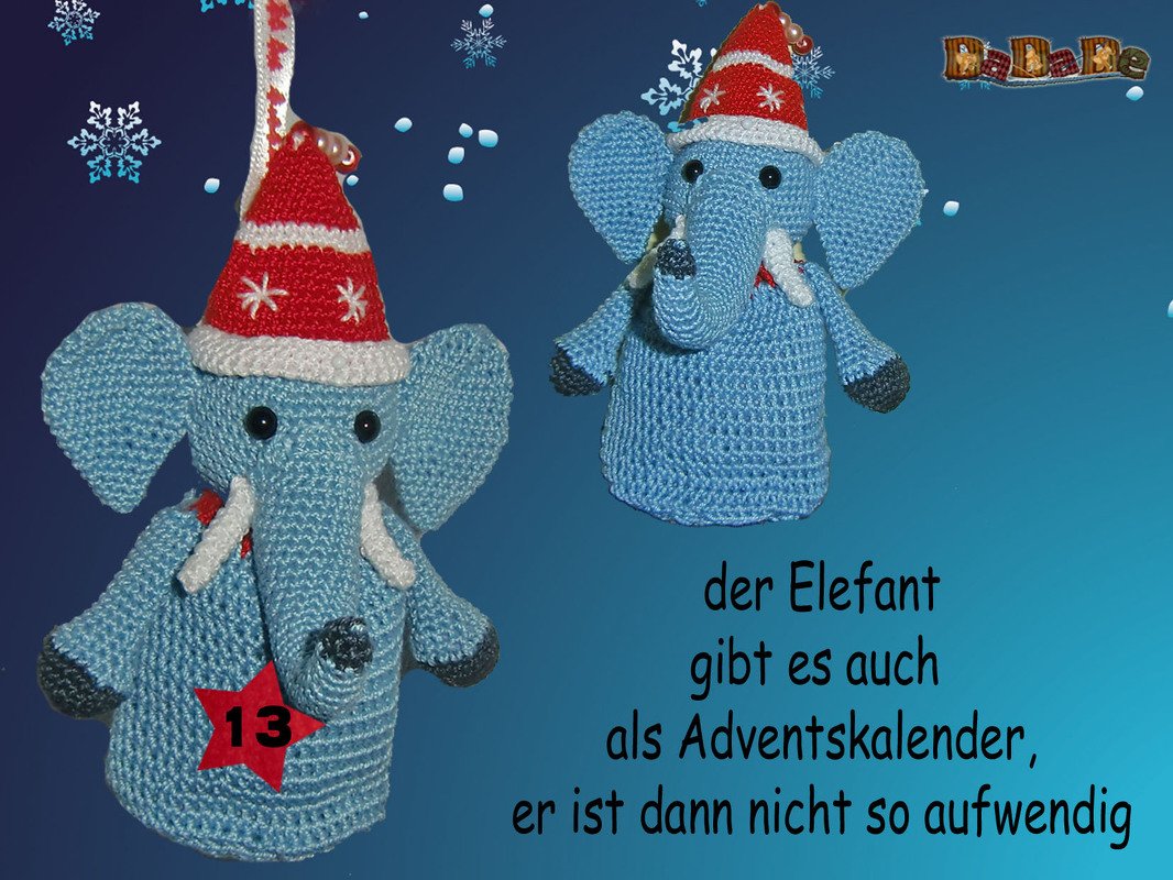 Gehäkelter blauer Amigurumi-Elefant mit roter Weihnachtsmütze und rotem Stern (13), Hinweis auf Adventskalender-Variante