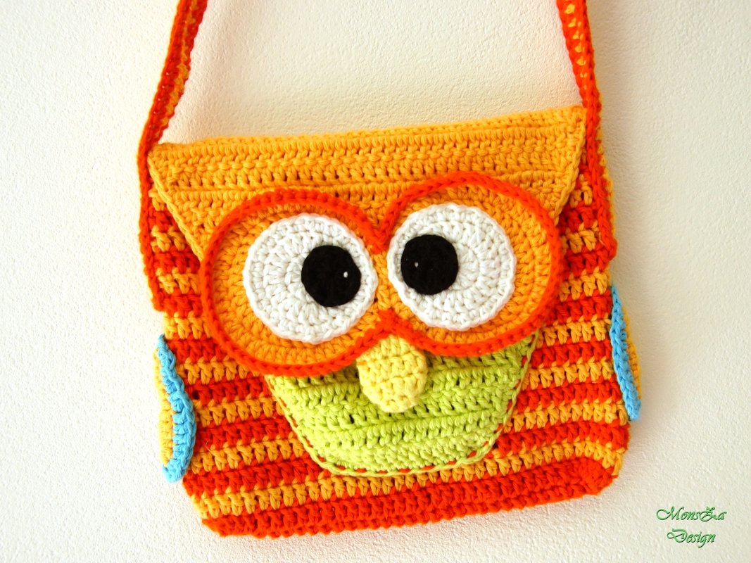 Gehäkelte Umhängetasche mit Eulenmotiv, Umschlag und langem Träger, gestreift in Orange und Gelb
