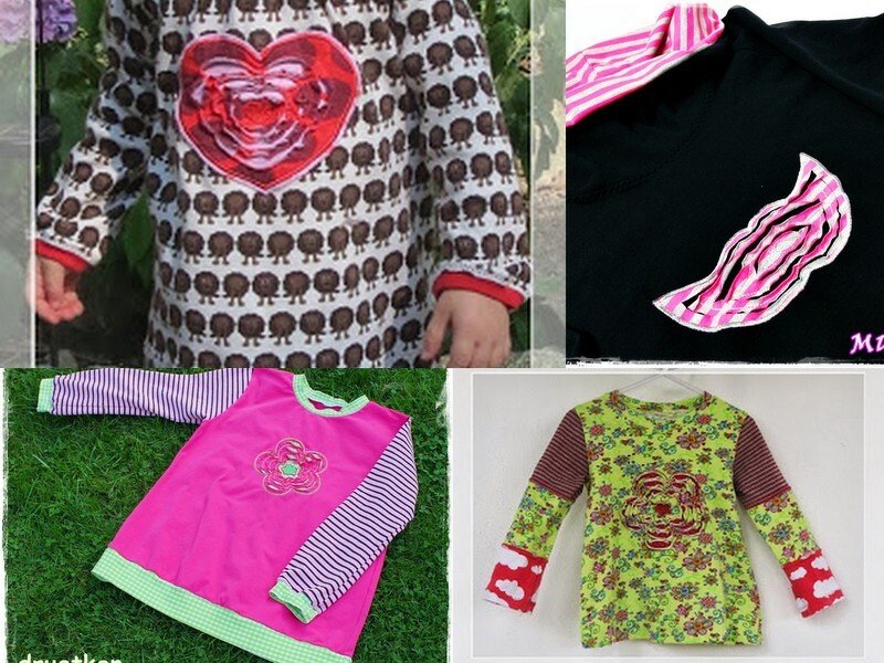 Collage: vier bestickte Kinder-Langarmshirts mit Herz-, Blumen- und Applikationsmotiven
