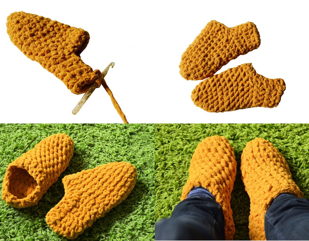 Collage: senfgelbe, gehäkelte Hausschuhe – Häkelnadel, fertige Pantoffeln und getragenes Paar.