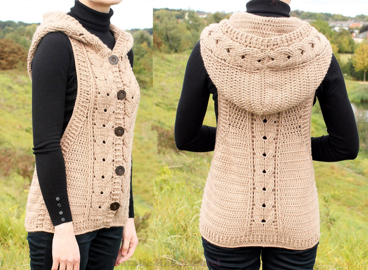 Waistcoat with hood and cable braid, size 36-46 (EU)