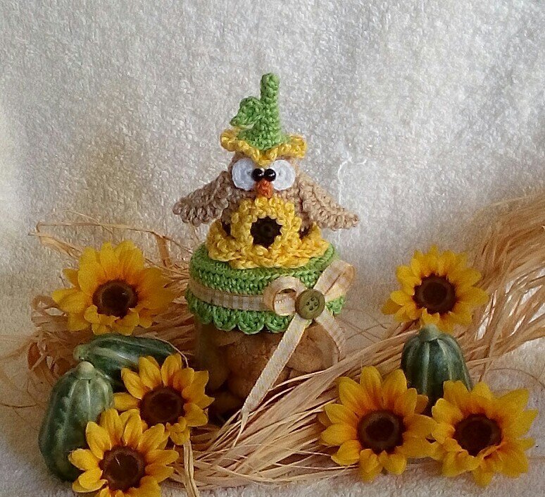 Häkelanleitung Mrs. Sunflower-Euli / Deckelbezug für Marmeladenglas/ Dekobezug für Bonbonglas - Bild 2