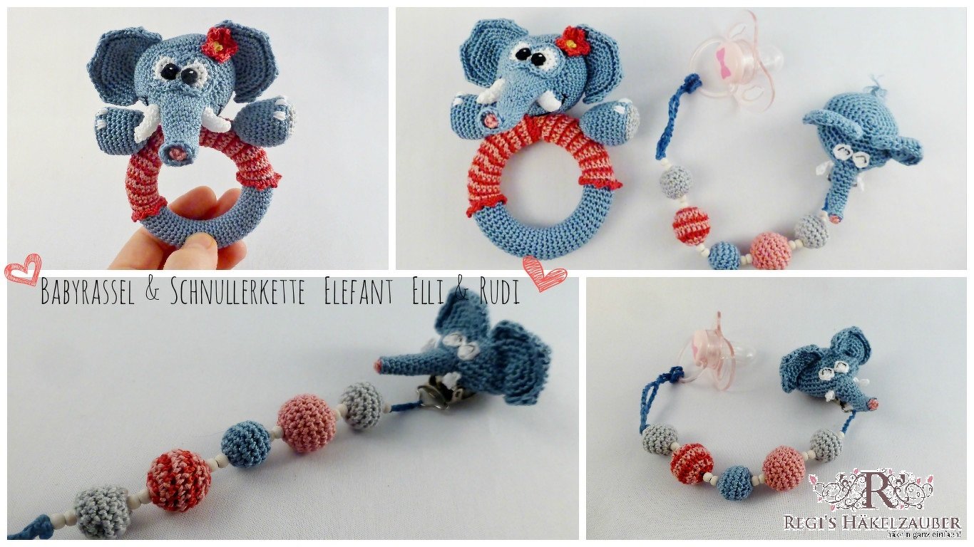 Collage: gehäkelte blaue Elefanten-Babyrassel am Greifring und passende Schnullerkette mit bunten Häkelperlen