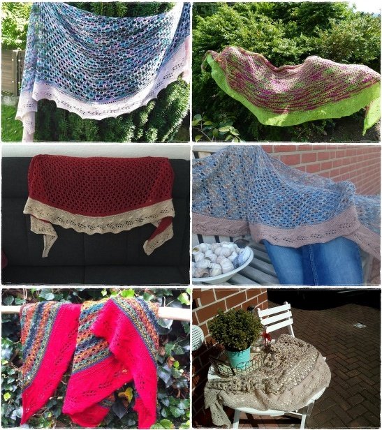 Sechs handgestrickte Tücher und Halbrundtücher, drapiert an Büschen, Sofa und Stuhl