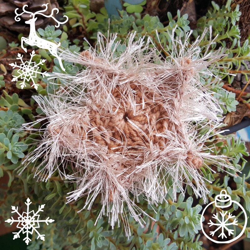 Detailaufnahme eines gehäkelten Sterns mit flauschigem Garn in Beige und Hellbraun, auf grünen Sukkulenten liegend, mit dekorativen Wintergrafiken am Bildrand.
