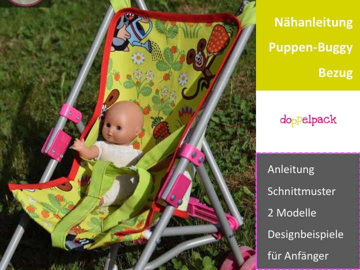 Detailaufnahme eines Puppenbuggy-Bezugs mit Gurt, roter Paspel und Befestigungsstellen am Gestell