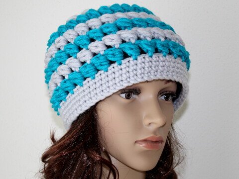 Mütze häkeln blau grau