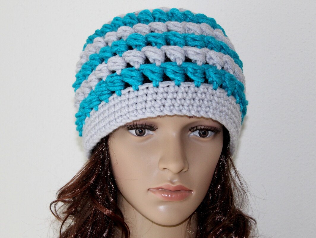 Mütze häkeln blau grau - Bild 4