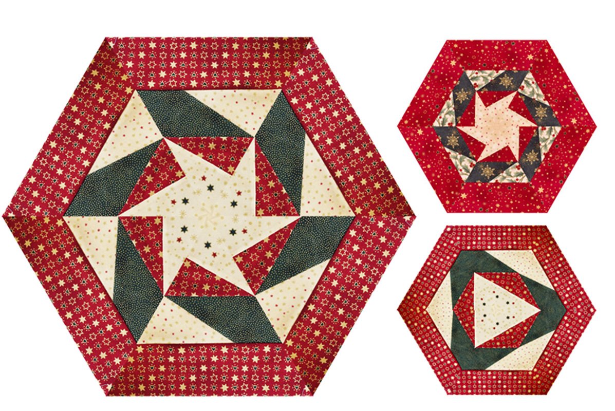 Sechseckiger Quiltblock mit drehendem Stern in Rot, Grün und Creme