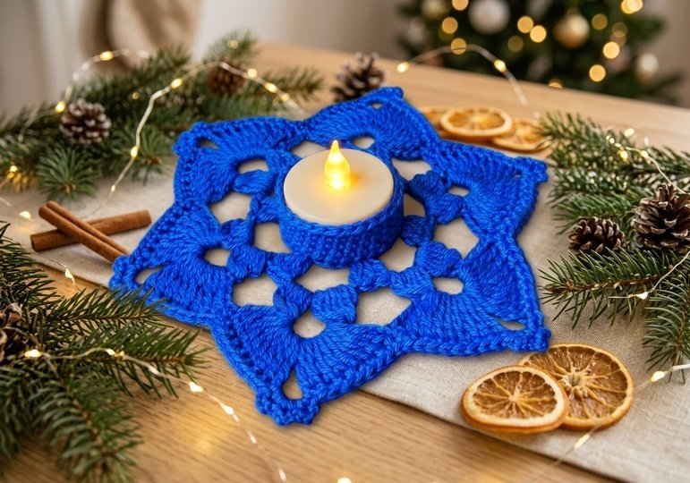 Crochet snowflake candle coaster, tealight holder