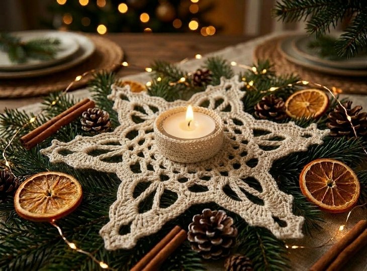 Crochet snowflake candle coaster, tealight holder