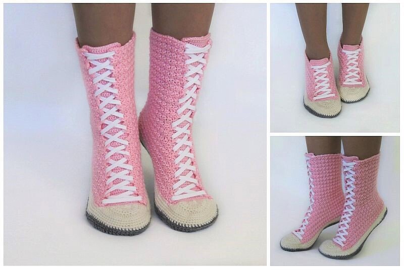 Pair of pink crochet high-top slipper boots with white laces and cream toes