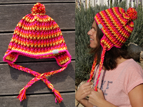 Bommel-Mütze Wintersonne mit Ohrläppchen in Strickoptik (inkl. Größentabelle)