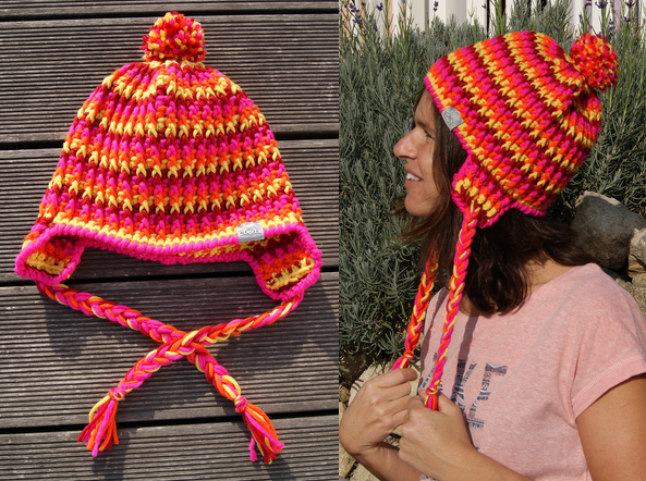 Bommel-Mütze Wintersonne mit Ohrläppchen in Strickoptik (inkl. Größentabelle)