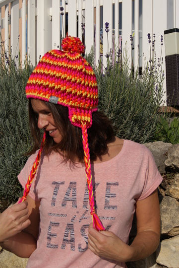 Bommel-Mütze Wintersonne mit Ohrläppchen in Strickoptik (inkl. Größentabelle)