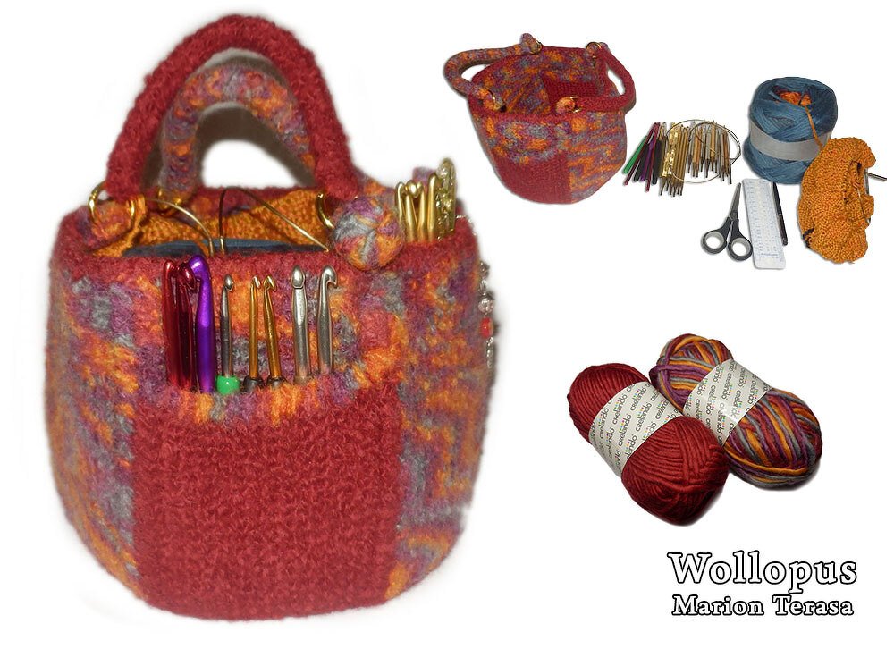 Sechseckiger kleiner Handarbeitskorb, gehäkelt und gefilzt