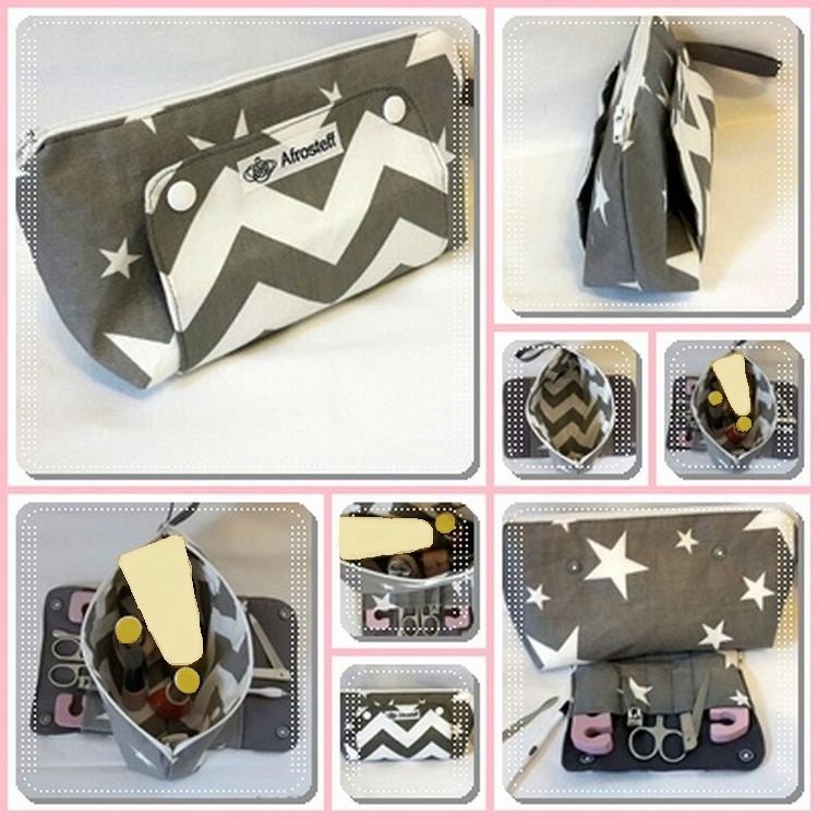 Grau-weiße Stofftasche mit Sternen- und Zickzackmuster, Reißverschluss und Außentasche; Collage mit offenen und geschlossenen Ansichten.