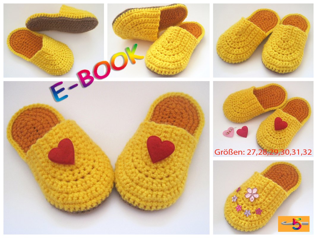 Sechs Ansichten von gehäkelten, gelben Kinderpantoffeln, teils mit Herz- oder Blumenverzierung, auf weißem Hintergrund.