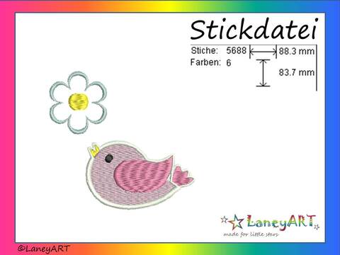 Stickdatei "Vogel mit Blume" Pes Format (Deco, Brother, Babylock) 