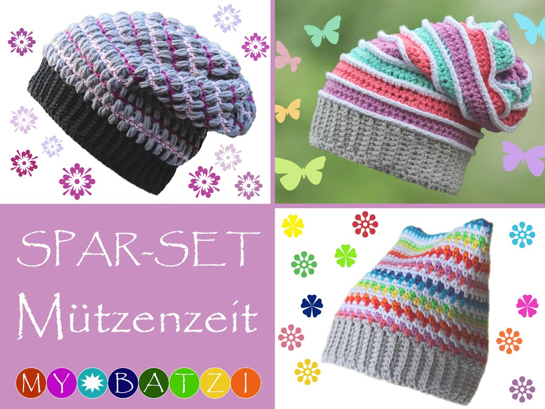 Collage aus drei gehäkelten Mützen in Pastell- und Regenbogenfarben, mit lila Schriftfeld 'Mützenzeit' und dekorativen Blumenmotiven