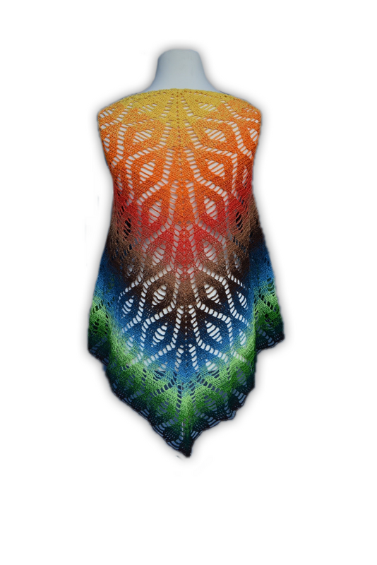 Triangle crochet shawl with leaf lace motif in yellow, orange, red, blue and green on a mannequin