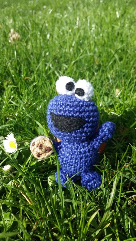 Blaues gehäkeltes Monster mit großen Augen hält einen kleinen Keks und sitzt im grünen Gras.