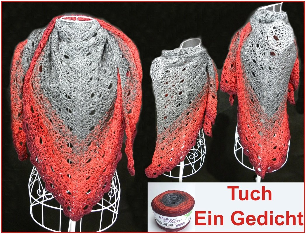 Gehäkeltes Dreieckstuch in Grau bis Rot mit offenem Lochmuster auf Schneiderpuppe, Garnknäuel daneben