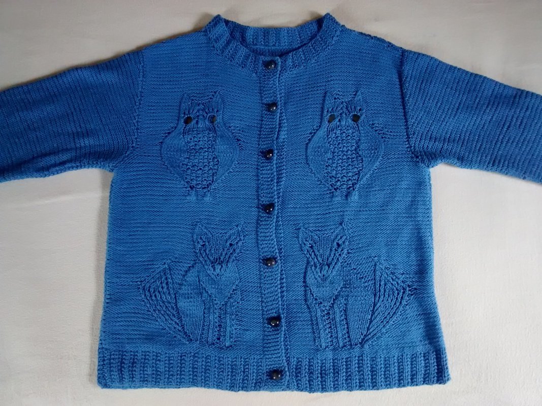 Blaue Kinderstrickjacke mit Knopfleiste, eingestrickten Eulen auf Brusthöhe und Füchsen am Vorderteil.
