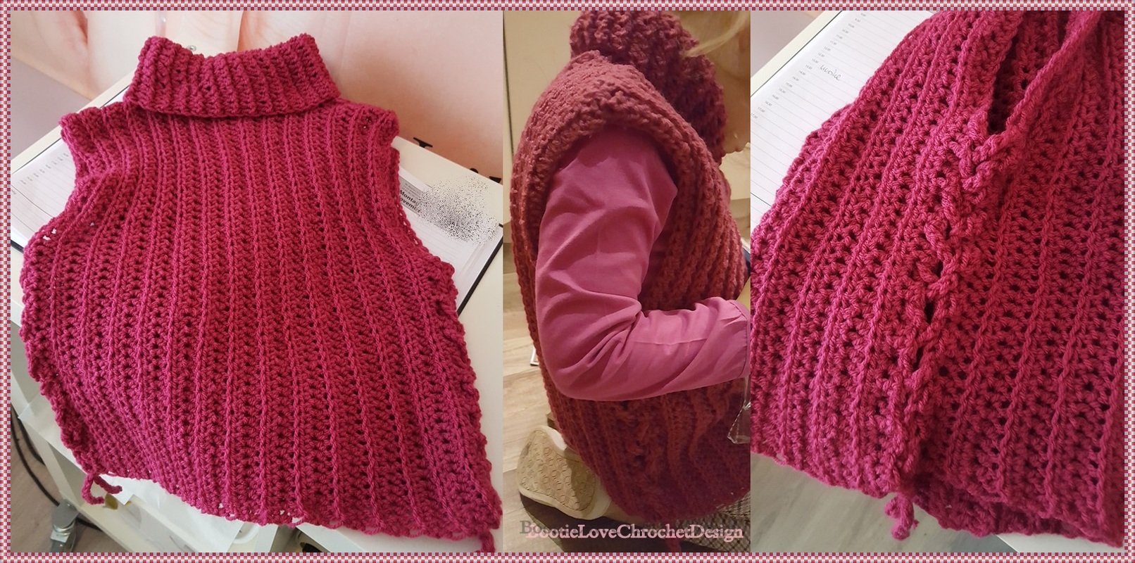 Ärmelloser gehäkelter Kinderponcho in Fuchsia mit Rollkragen und Rippenstruktur, liegend und teils getragen