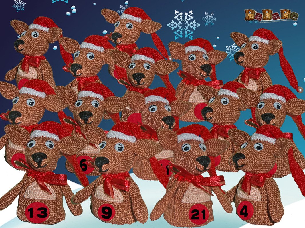 Gehäkelte Rentier-Täschchen mit Zahlen für Adventskalender