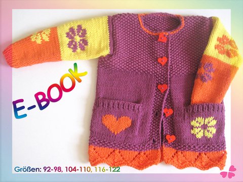 Mädchenweste stricken, Mädchenjacke mit Blumen & Herz (3 Größen: 92 - 122)