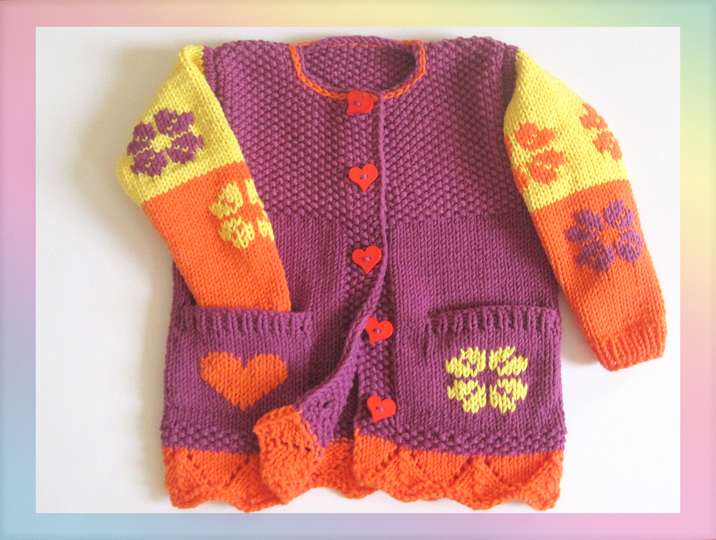 Mädchenweste stricken, Mädchenjacke mit Blumen & Herz (3 Größen: 92 - 122)