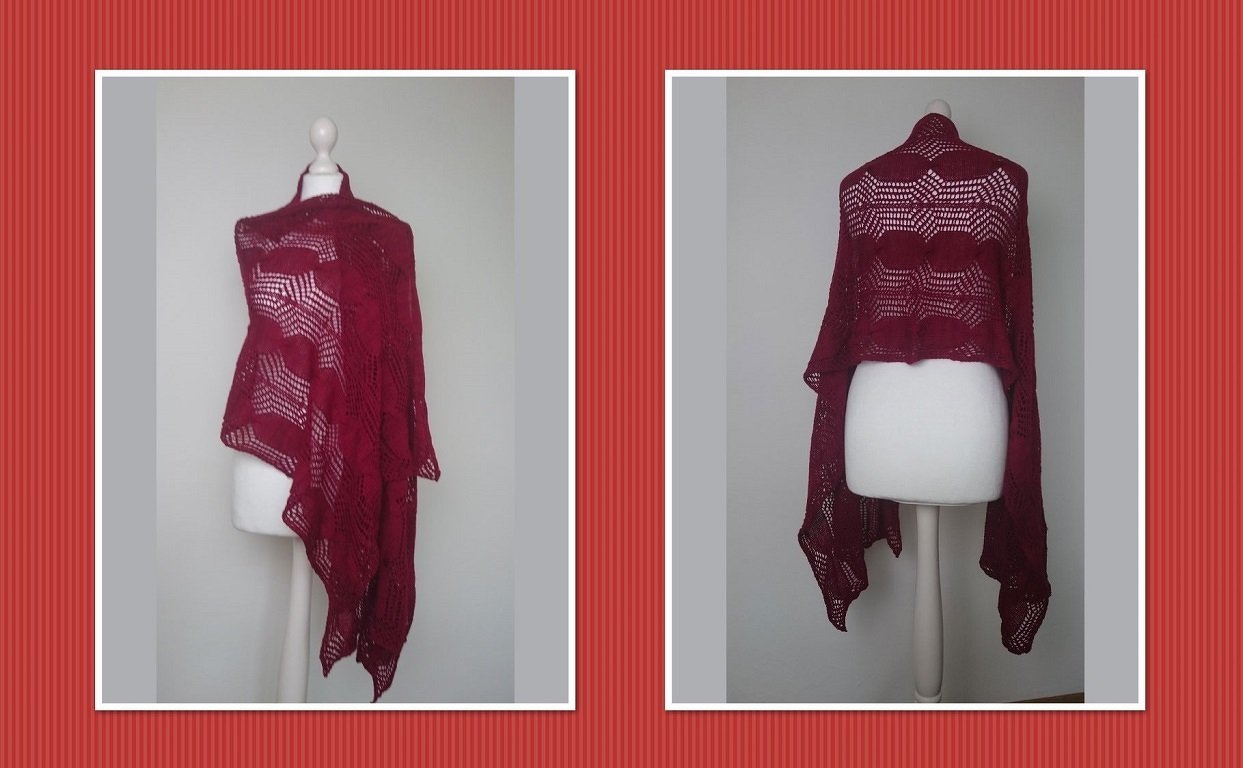 Two views of a dark red knitted lace shawl with a chevron motif on a dress form.