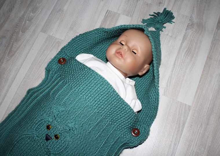 Strickanleitung Baby-Schlafsack, Schlupfsack mit Eulenmotiv, ca. 0 - 7 Monate