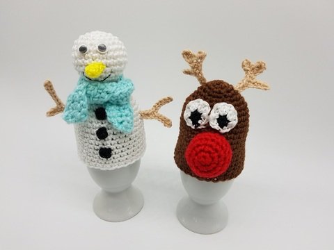 Eierwärmer Schneemann und Rentier Häkelanleitung