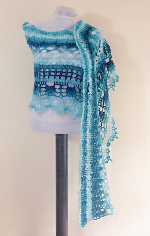 teal to aqua gradient openwork crochet shawl with scalloped border
