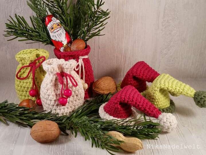 Häkelanleitungen Sparset - kleine Weihnachtsmütze und kleines Weihnachtssäckchen