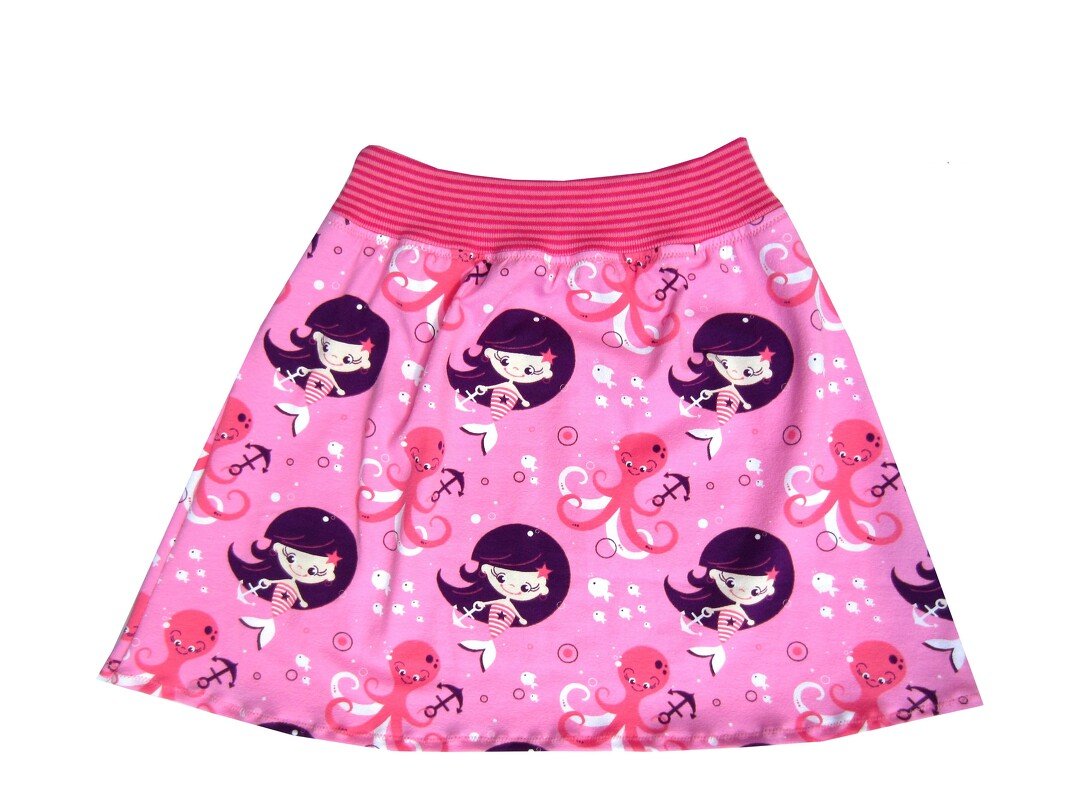 Rosa Mädchenrock mit Meerjungfrauen- und Oktopusmotiv und gestreiftem Bündchen