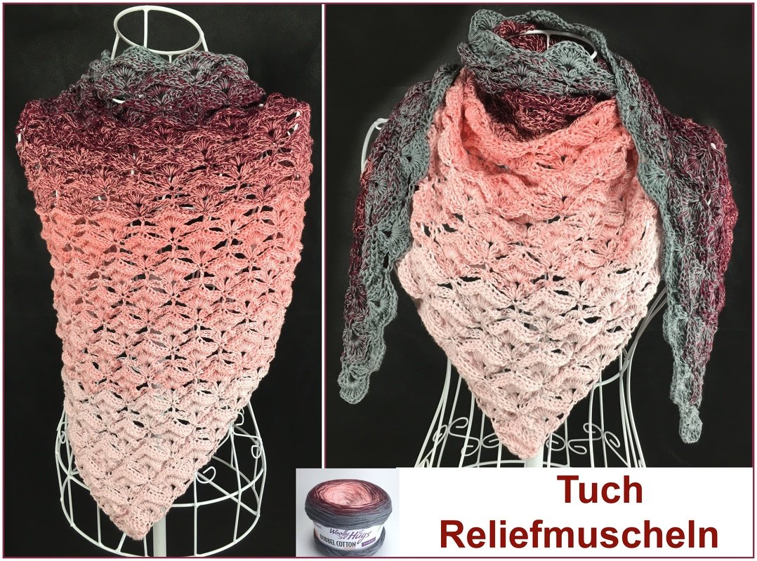 Gehäkeltes Dreieckstuch in Rosa bis Grau mit Muschelmuster auf Kleiderbüste
