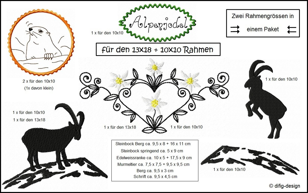 Stickdateien Alpenjodel für den 10x10 und 13x18 Rahmen