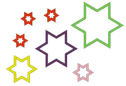 Sechszackige Stern-Umrisse in Rot, Gelb, Lila, Grün und Rosa auf weißem Hintergrund