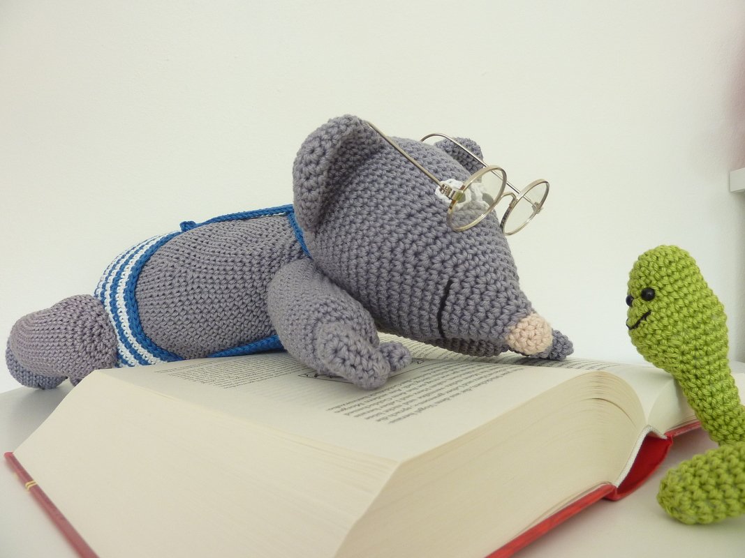 Gehäkelte graue Amigurumi-Maus mit runder Brille auf einem aufgeschlagenen Buch, daneben ein grünes gehäkeltes Würmchen