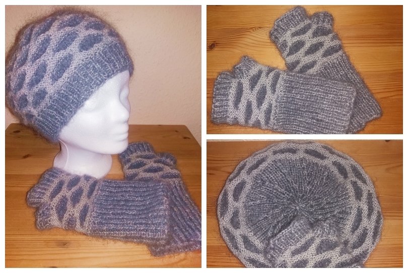 Blaugraues gestricktes Mützen- und Stulpen-Set mit Rautenmuster, Mütze auf Schaufensterkopf, Stulpen auf Holz