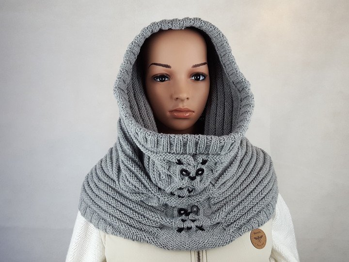 64 Strickanleitung Kapuzenschal Schlauchschal Eule für Erwachsene