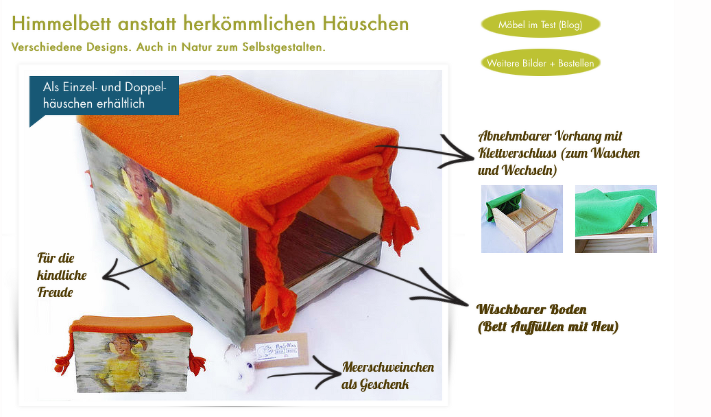 Holzhäuschen für Kleintiere mit orangefarbenem Stoffdach und kindlicher Illustration