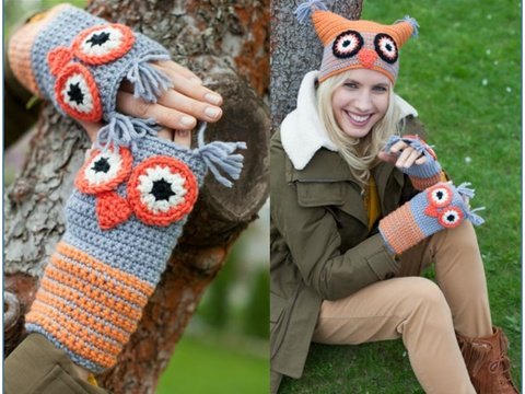 Mütze & Armstlupen im Eulen-Look häkeln