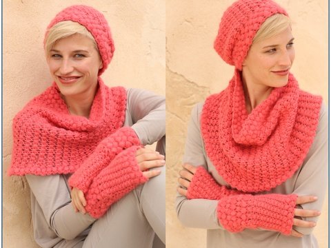 Loop, Mütze und Armstulpen in Lachs häkeln