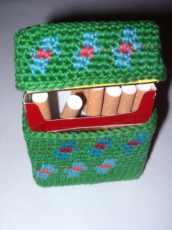 Grünes gehäkeltes Etui mit blau-rotem Blütenmuster, offene schmale Schachtel sichtbar.