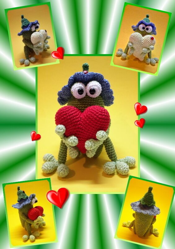 Gehäkelter Amigurumi-Frosch mit blauer Mütze, der ein rotes Herz hält; Collage vor gelbem Hintergrund
