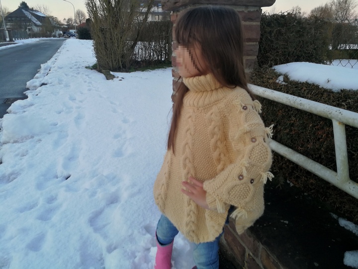 *Strickanleitung* Poncho-Pullover mit Eulen und Zöpfen Gr. 134/140/146